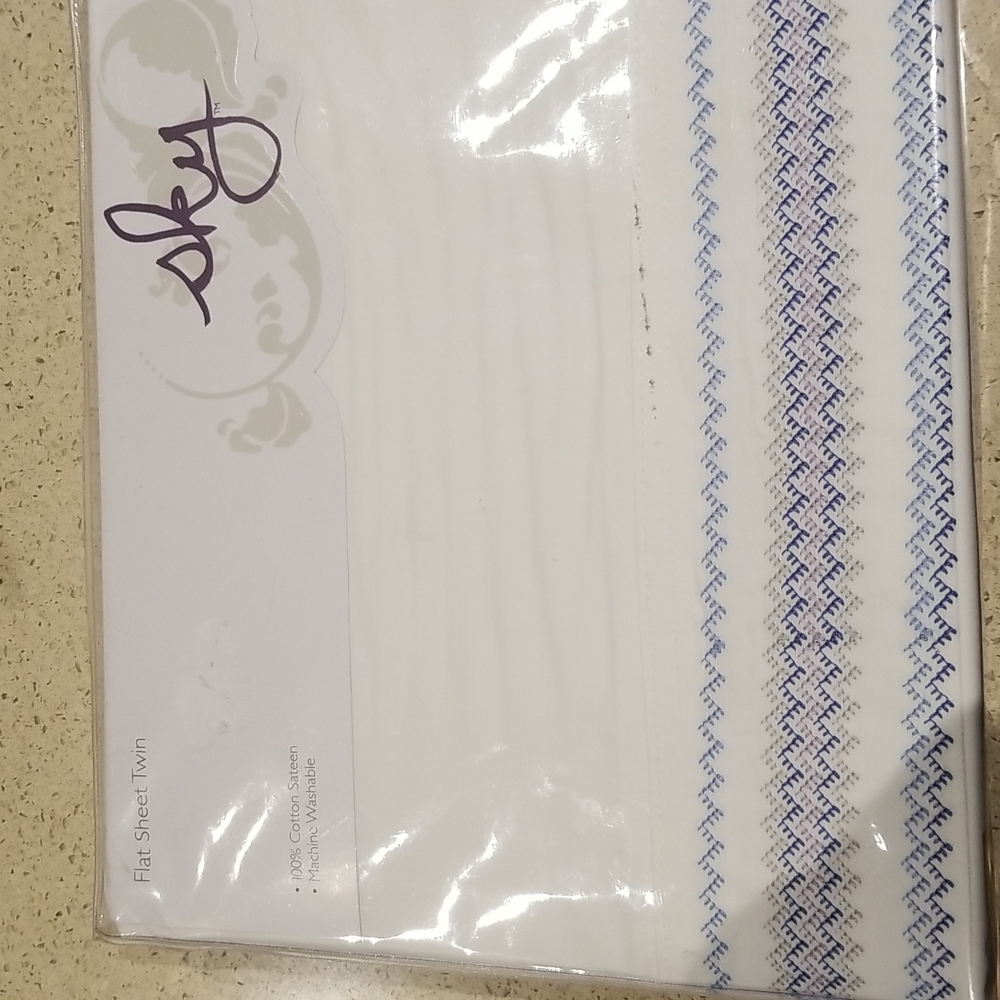 Sky Chevron Embroidered Flat Sheet white NWTS